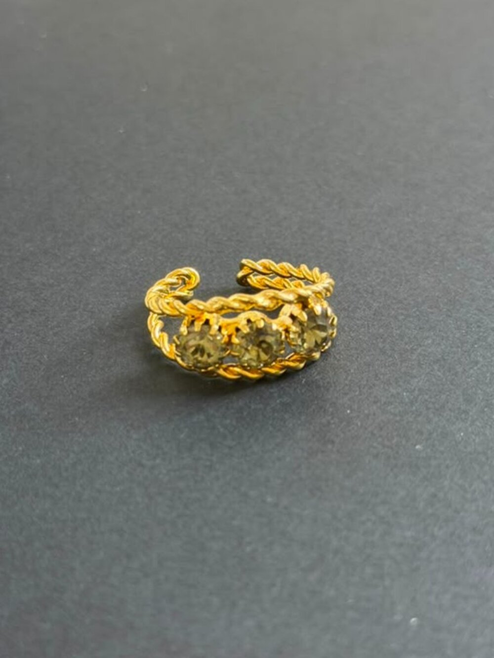 Vintage Twisted Rope Gold Adjustable Ring w/ Three Green Sparkling Crystals